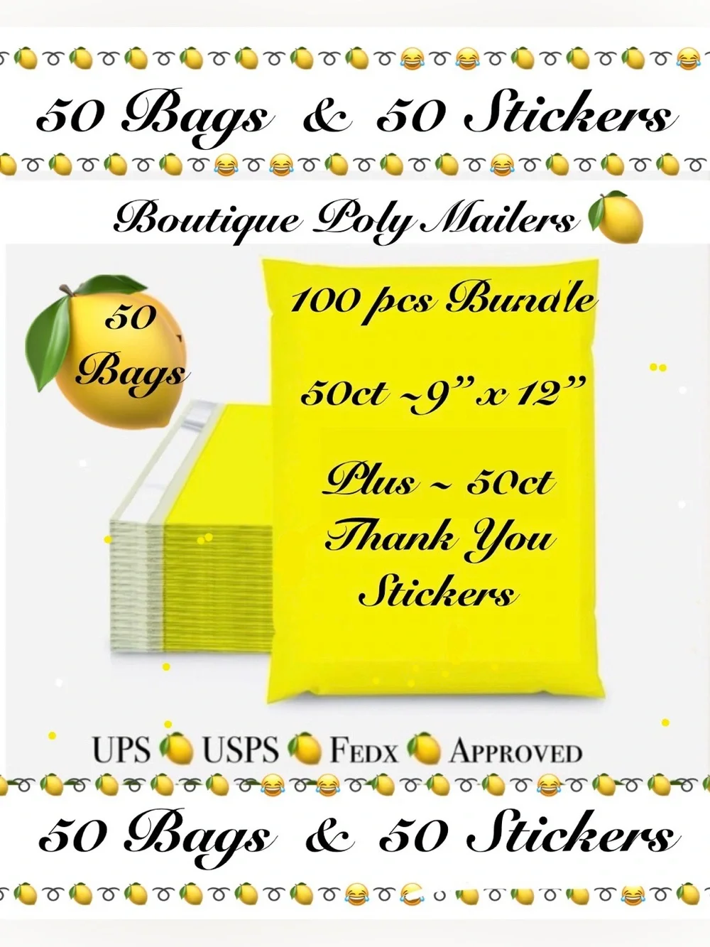 100pcs  Shipping Package  50-Yellow  Poly Mailers 50-Thank You Stickers ⭐️🆕⭐️